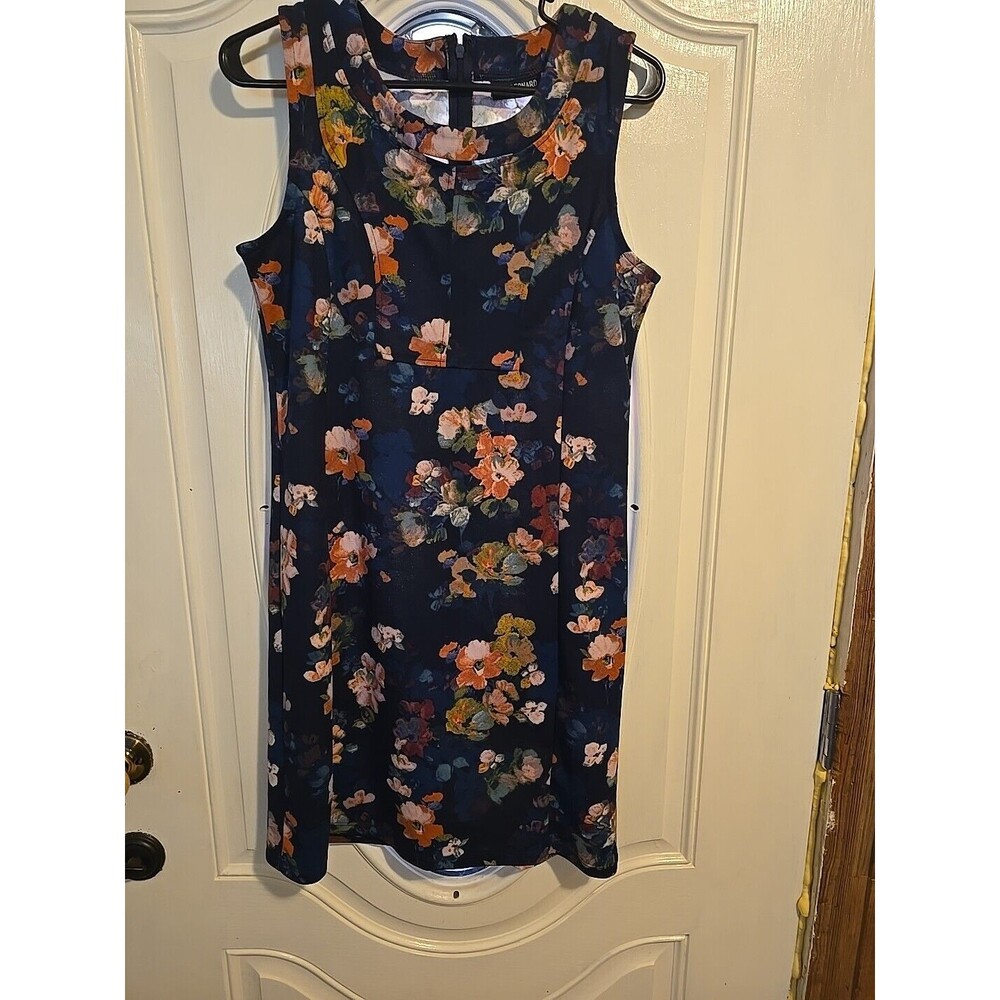 Nina Leonard Dress L Scoop Neck Sleeveless Blue Floral Midi Aline